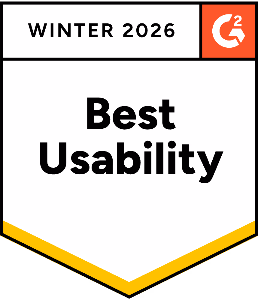 G2 Winter 2026 Best Usability award badge with white background and yellow trim at the bottom.